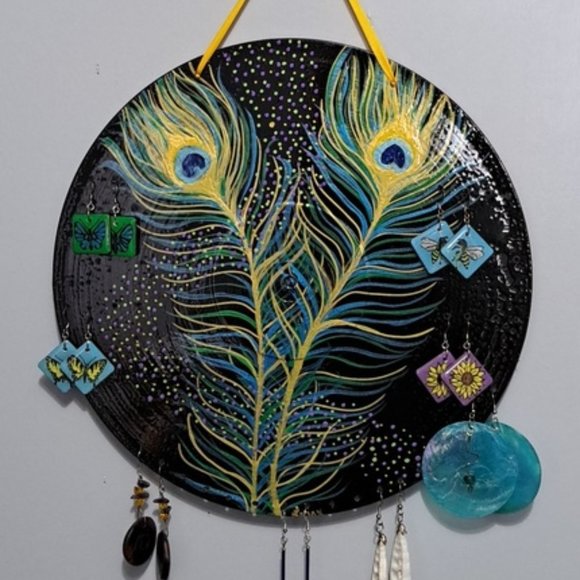 Hand Crafted Jewelry Display Upcycled Vinyl Record Wall Art Peacock Feather - Picture 1 of 17